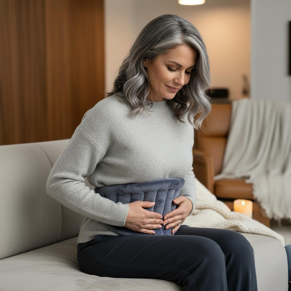 Woman sitting on a couch holding a heating pad in a cozy living room. Purple Moon collection 